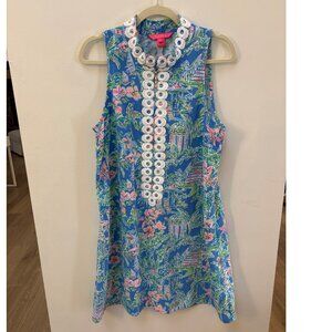 Lilly Pulitzer Blue Sleeveless Dress With Floral Tropical Print & White Eyelet D